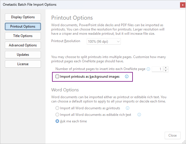 Batch File Import printout options with background image checkbox