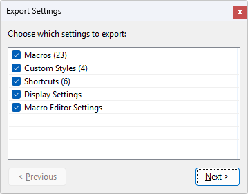 Export dialog with category checkboxes