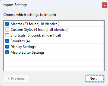 Import dialog showing available sections