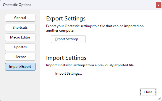 Import/Export tab in Onetastic Options