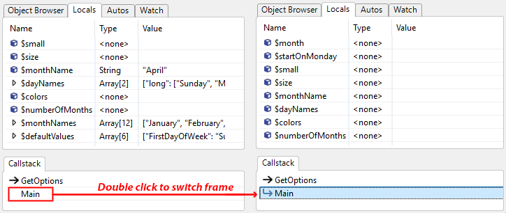 Call stack frame selection affecting watch values
