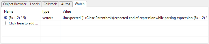 Watch window showing an error expression