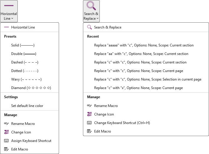 Horizontal Line and Search & Replace macro menus with Recents, Presets and Settings