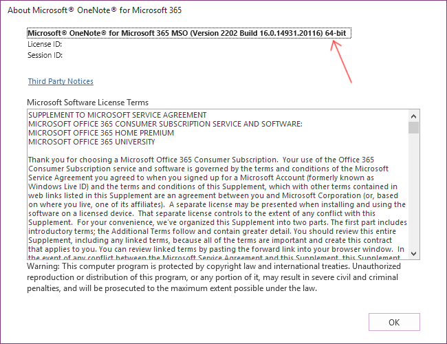 About OneNote Dialog