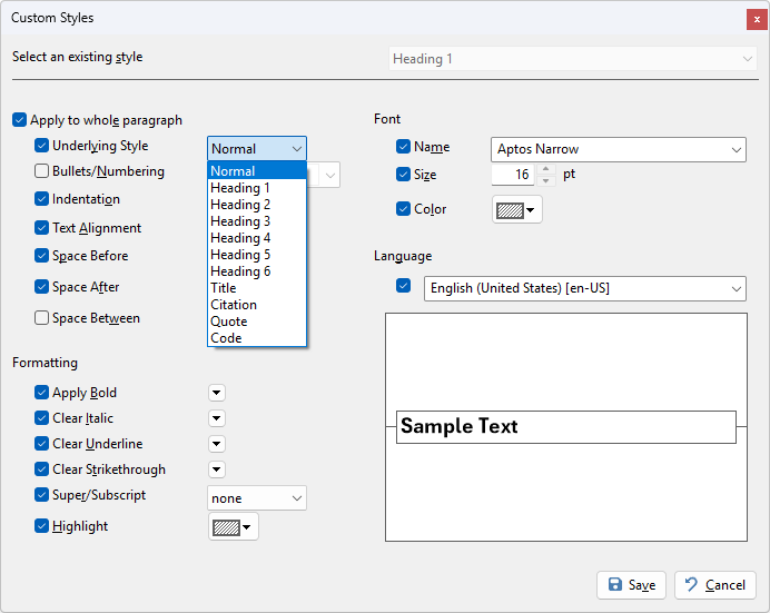 Custom Styles Dialog with Underlying Style dropdown