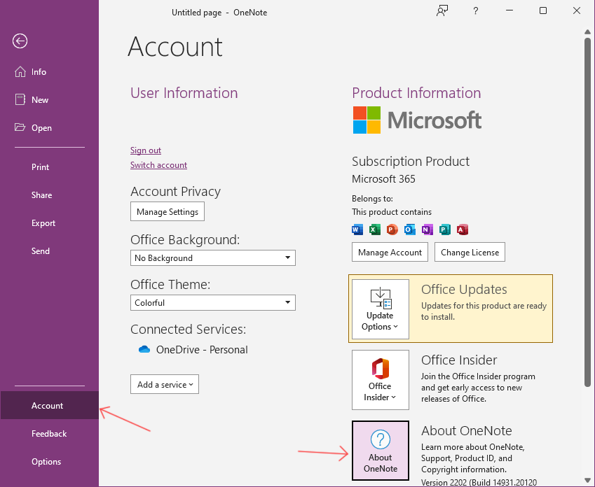 Account - About OneNote