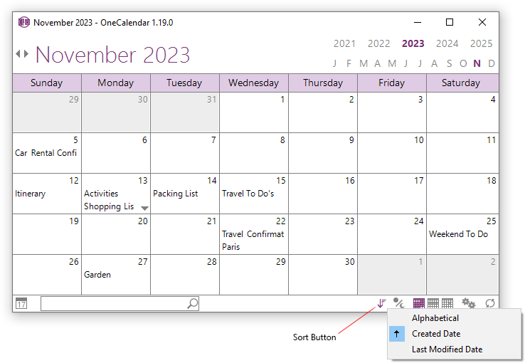 OneCalendar sorting options