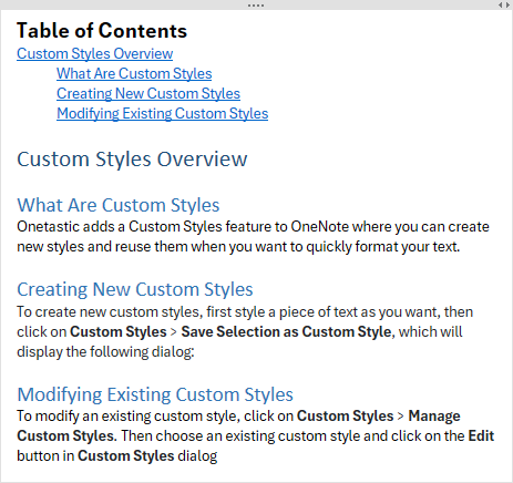 TOC with OneNote headings showing proper indentation